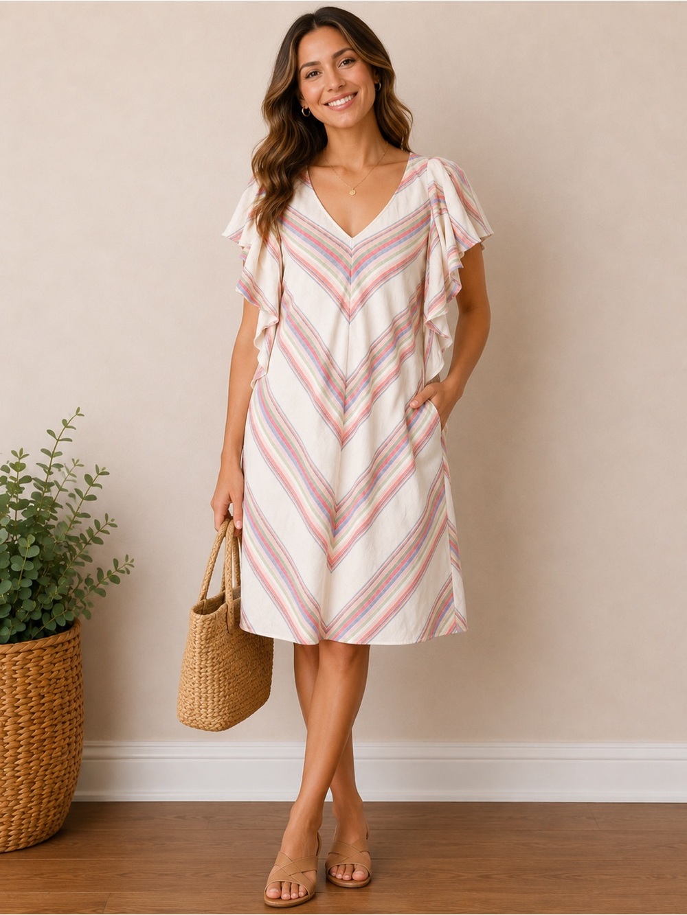 Amanda Uprichard Rainbow Stripe Linen Blend Flutter Sleeve Midi Dress